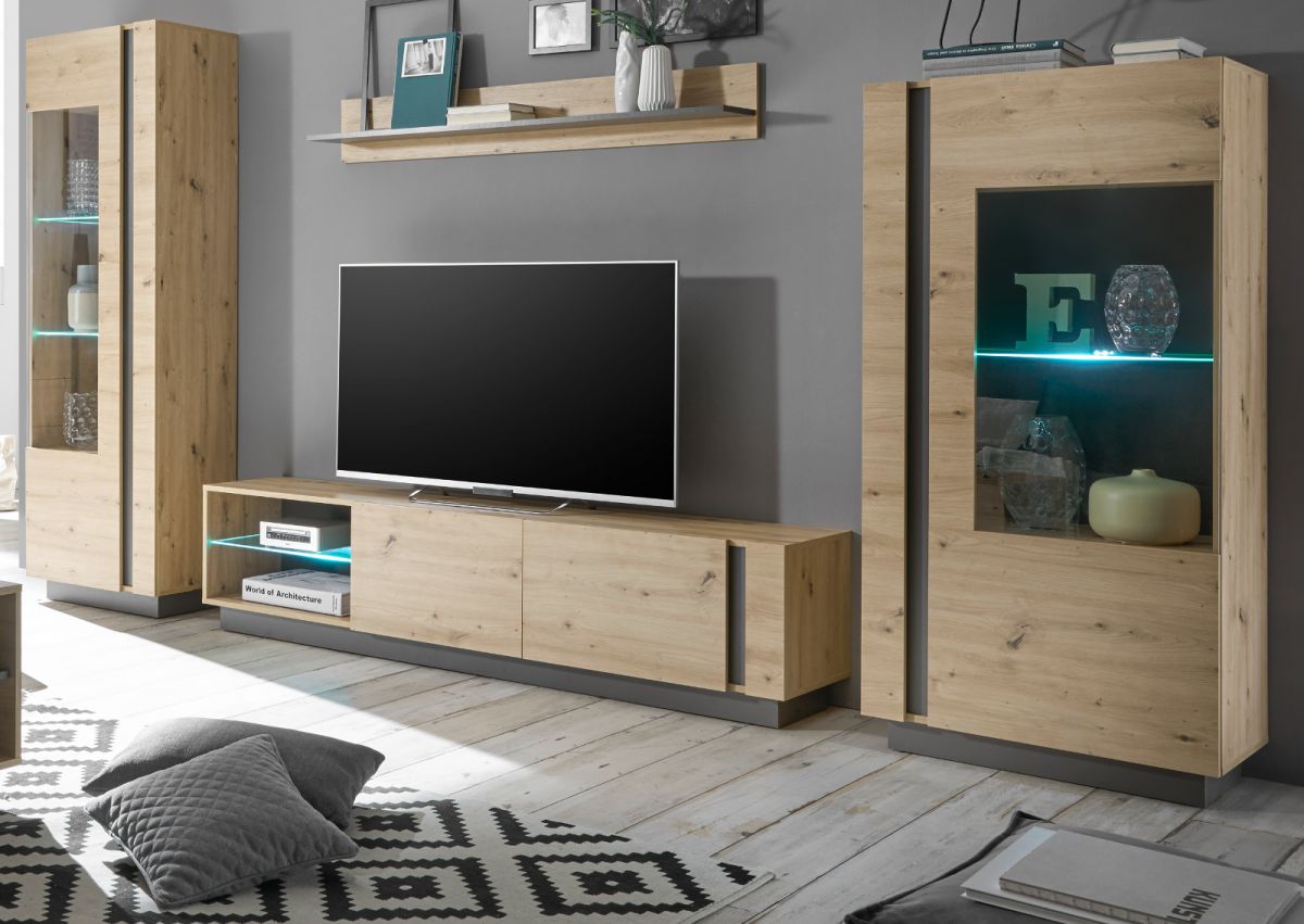 Wohnwand 4-teilig Louna in Eiche Artisan und Graphit grau 340 x 194 cm