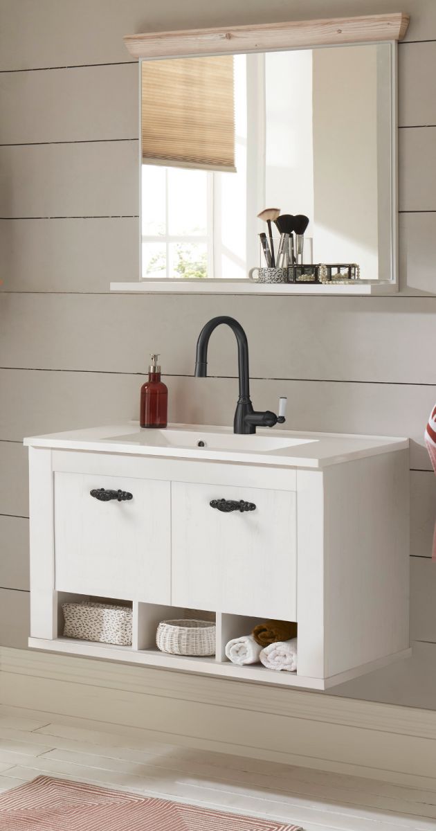 Badmöbel Set 3-teilig Rovola in Pinie weiß Landhaus 81 x 200 cm
