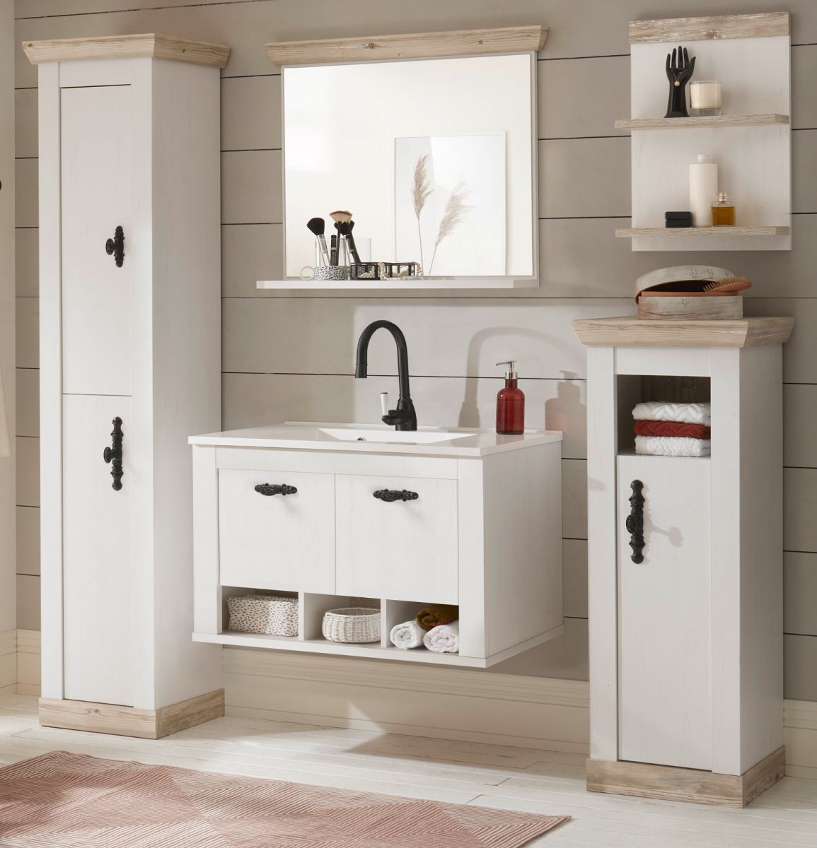 Badmöbel Set 6-teilig Rovola in Pinie weiß Landhaus 205 x 200 cm