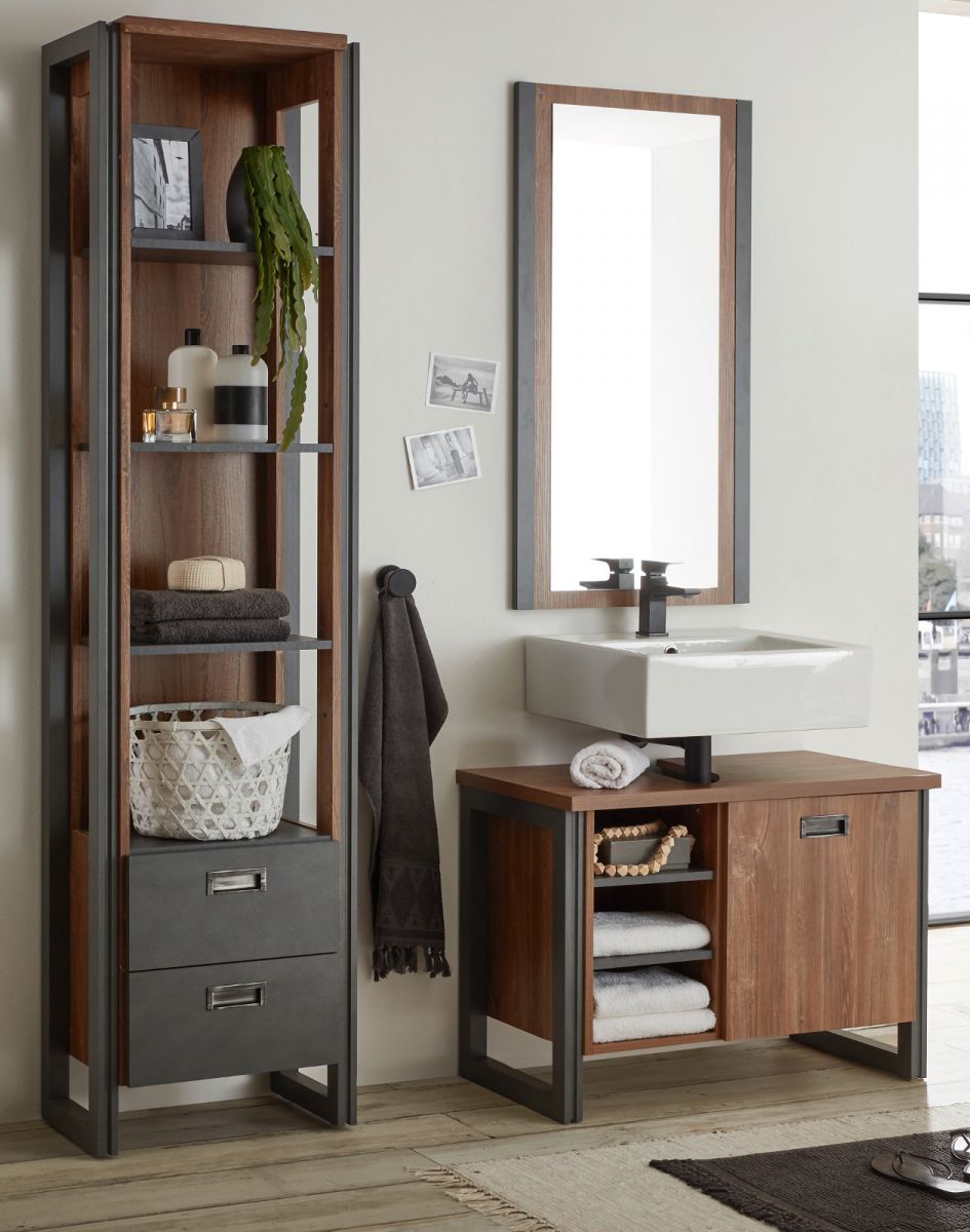 Badmöbel Set 3-teilig Auburn Eiche Stirling und Matera grau 140 x 205 cm