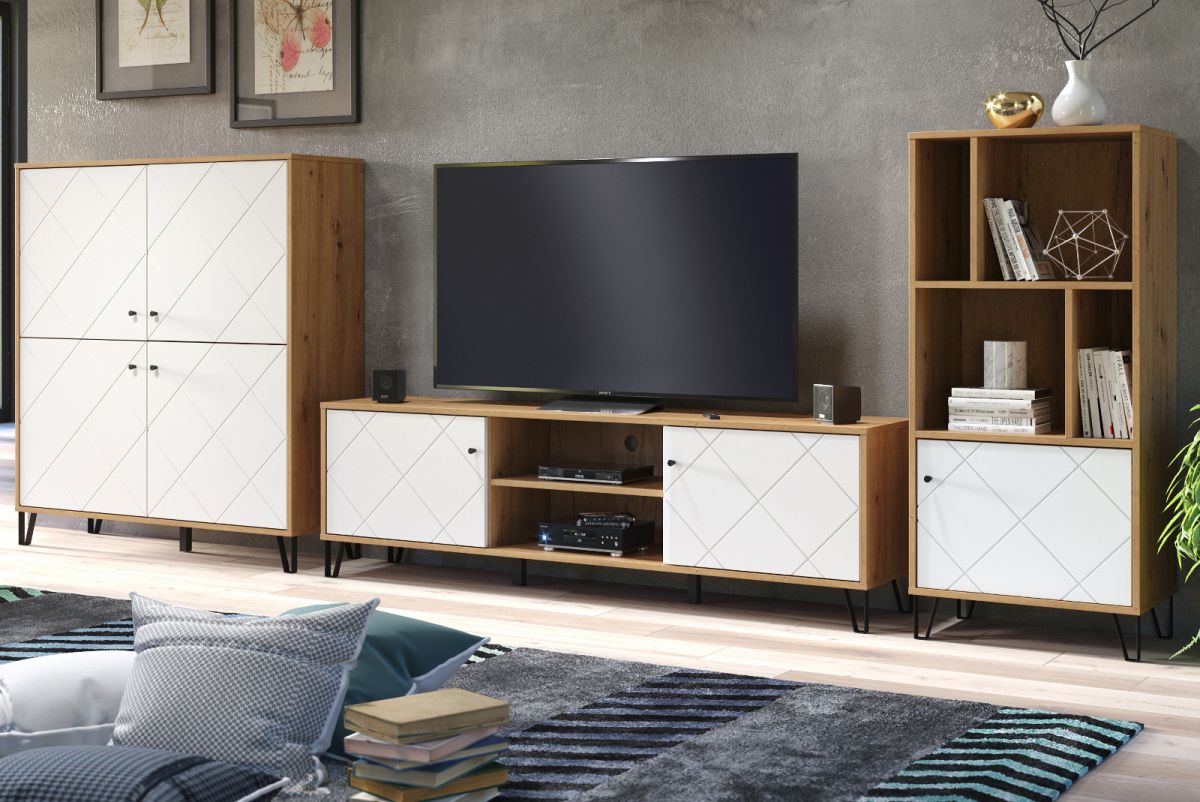 Wohnwand Touch in weiß matt und Eiche Artisan 399 x 136 cm