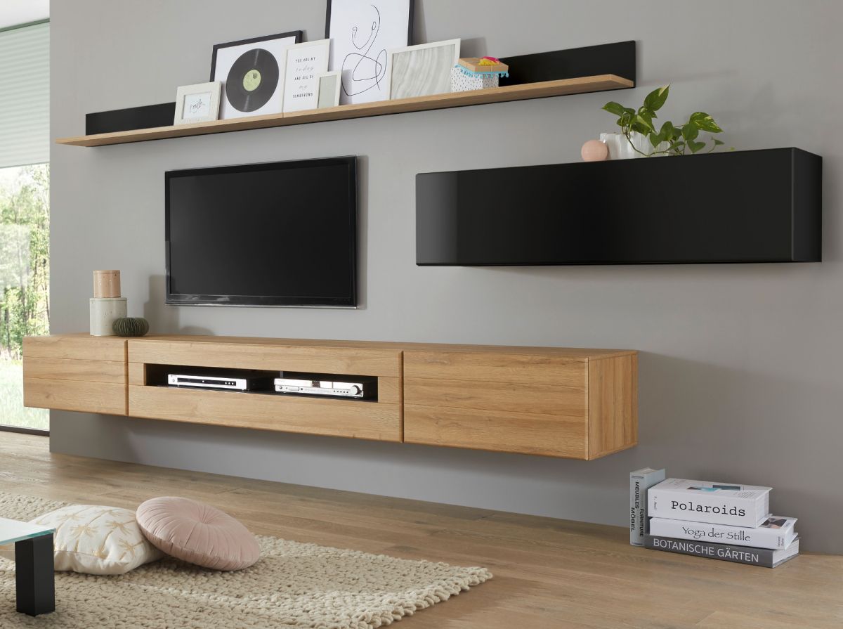 Wohnwand Savanna in schwarz Hochglanz und Eiche hell 340 cm
