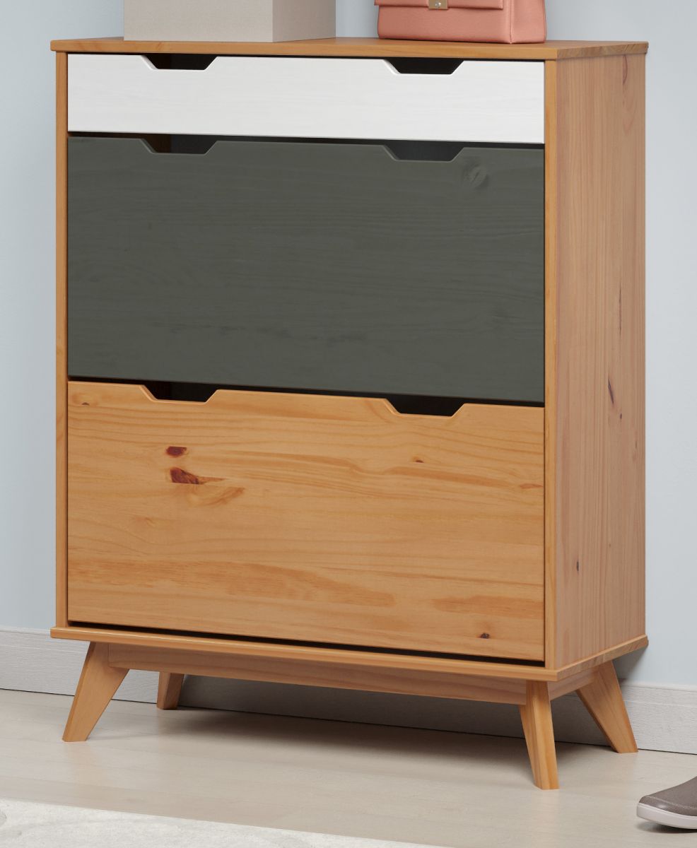 Schuhschrank Scandik in Massivholz Kiefer honigfarben lackiert Schuhkipper