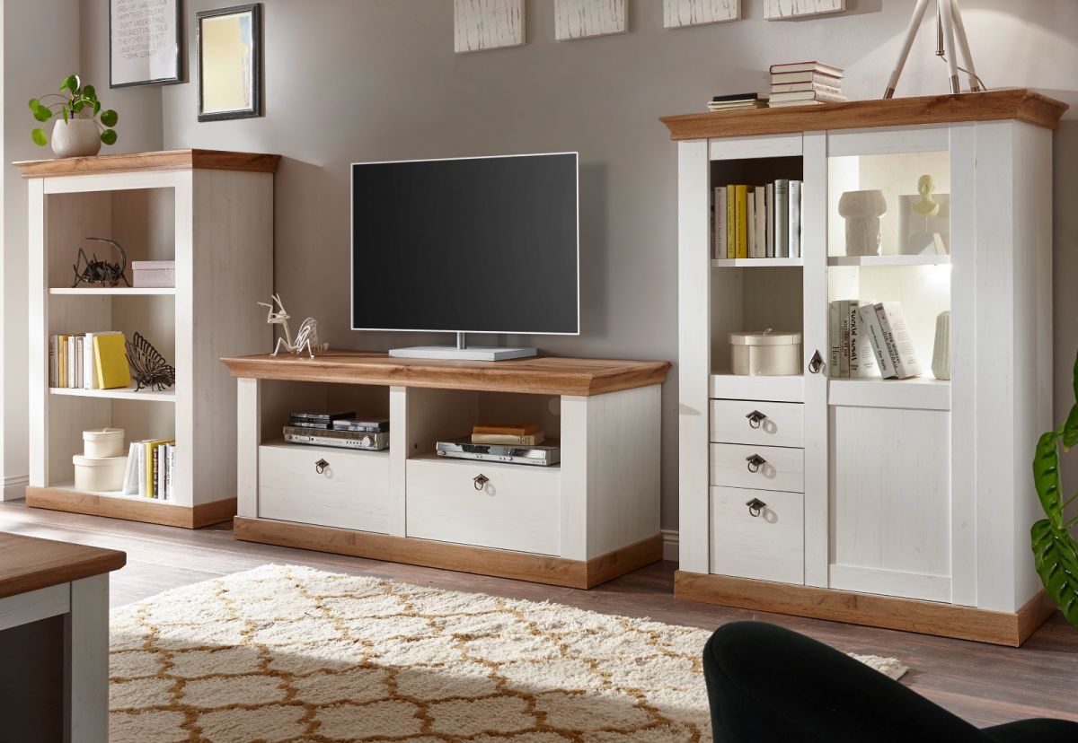 Wohnwand Hemsby in weiß Pinie / Eiche Landhaus 376 x 139 cm