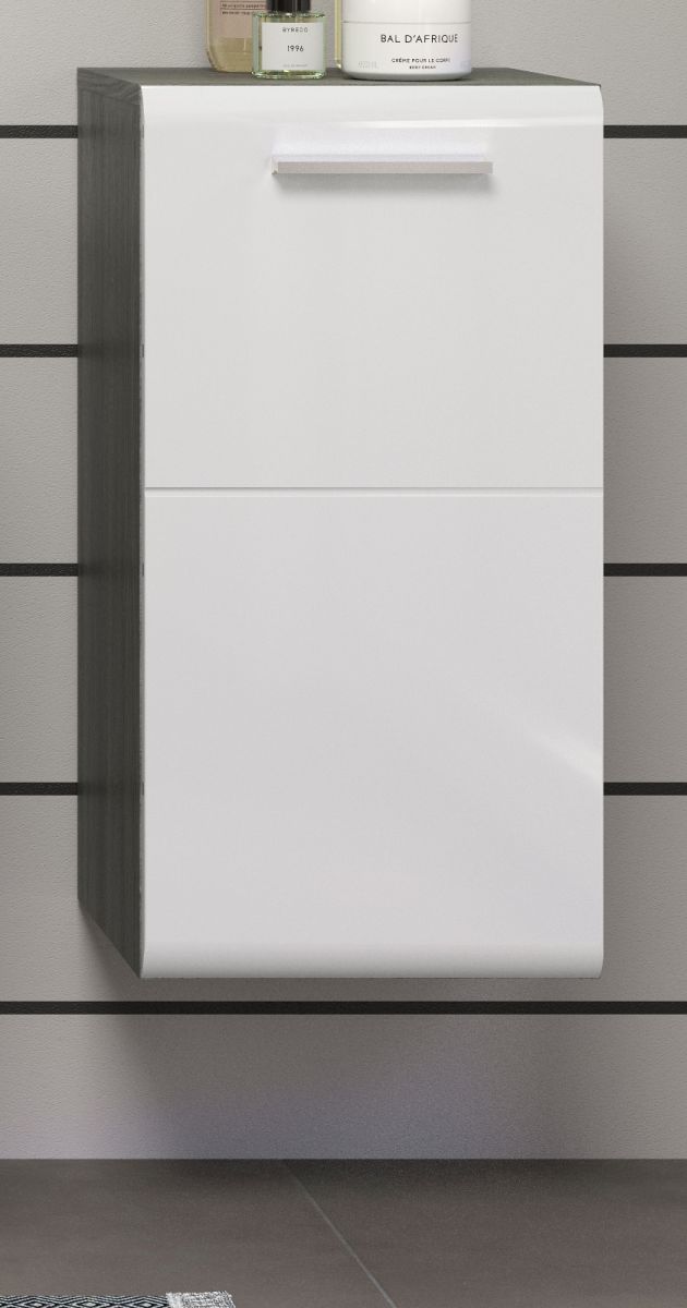 Badezimmer Unterschrank Riva in weiß Hochglanz und Rauchsilber grau 35 x 68 cm