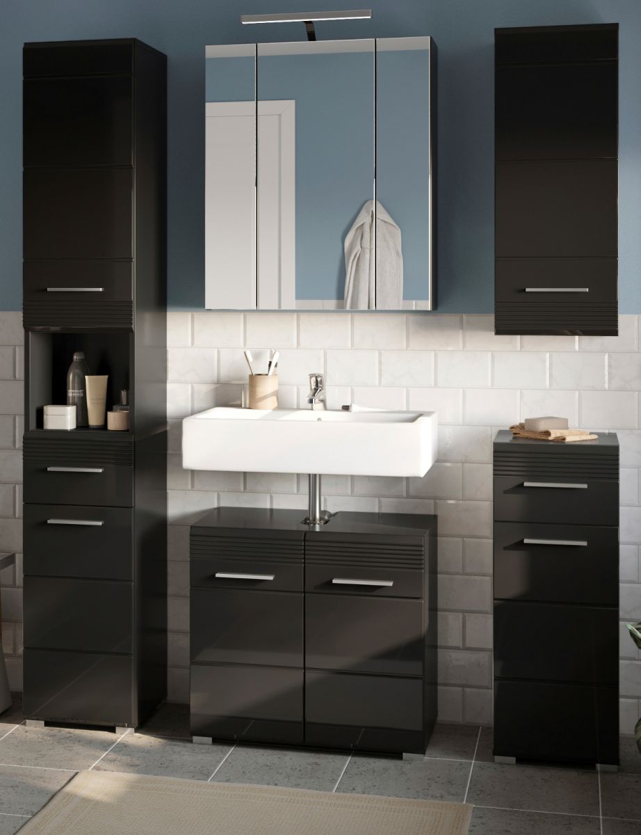 Badmöbel Set Leon in schwarz Hochglanz 5-teilig 150 x 182 cm