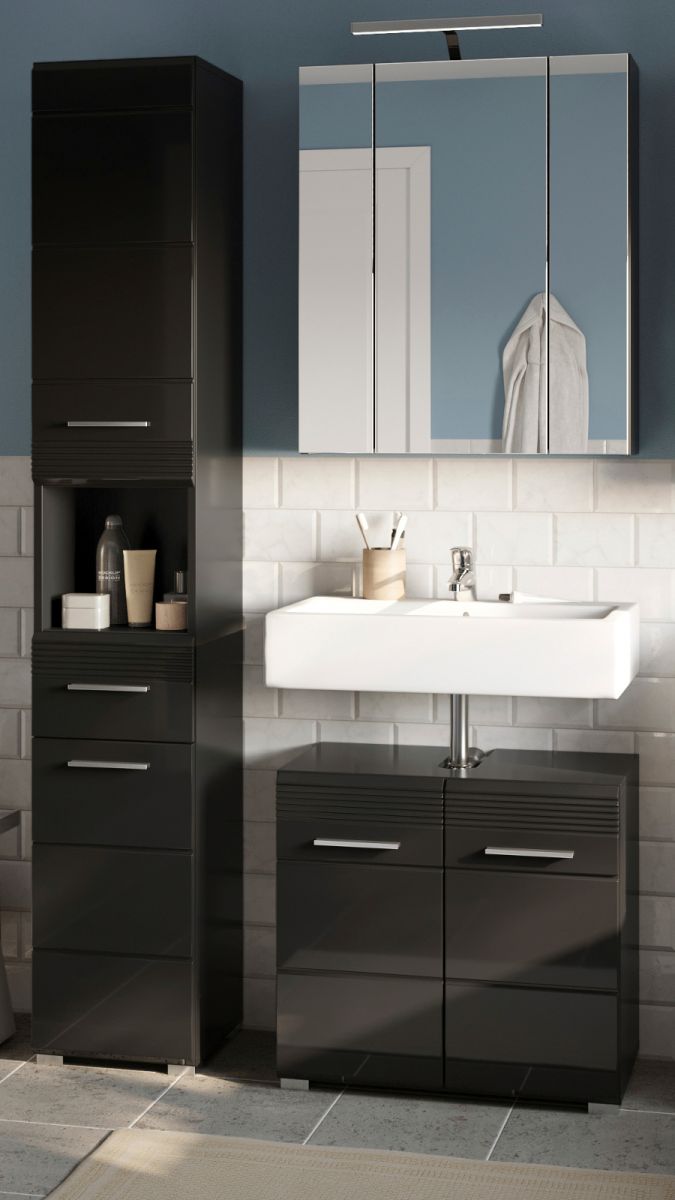 Badmöbel Set Leon in schwarz Hochglanz 3-teilig 105 x 182 cm