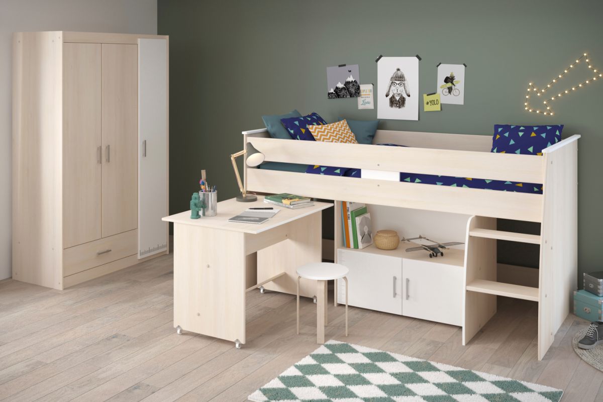 Parisot Kinder- und Jugendzimmer 'Charly6' in Akazie und weiß Set inklusive Kleiderschrank und Hochbett mit Schreibtisch