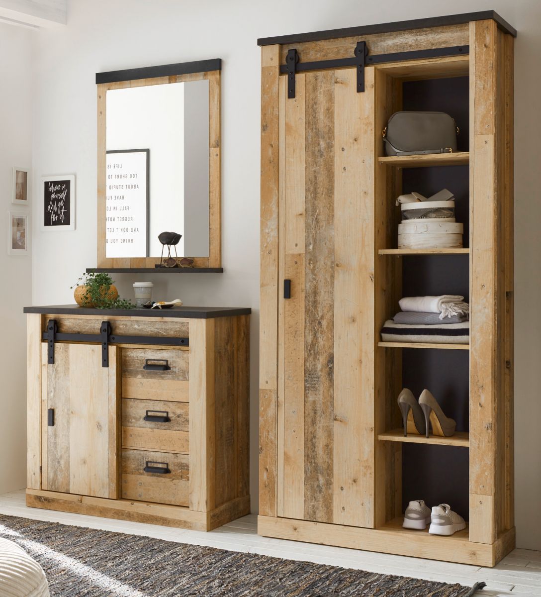 Garderobe Set 3-tlg. Stove in Used Wood hell 206 x 201 cm