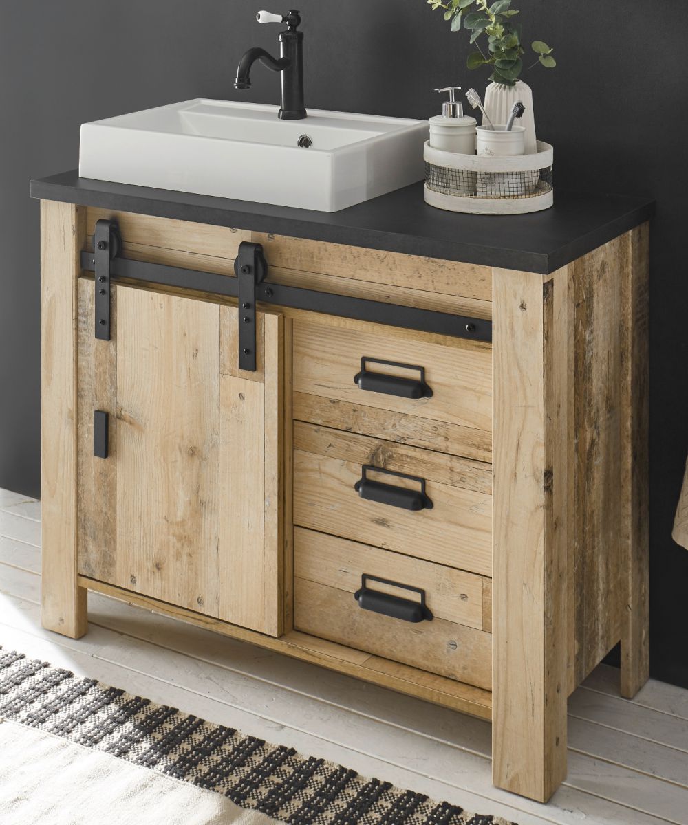 Waschbeckenunterschrank mit Waschbecken Stove in Used Wood hell 95 cm
