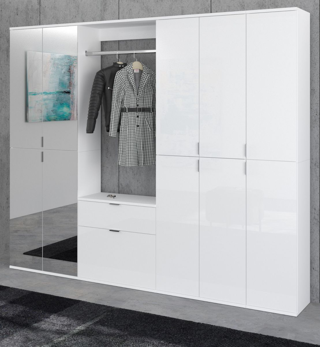Garderobenschrank mit Spiegel SystemX in weiß Hochglanz 213 x 193 cm