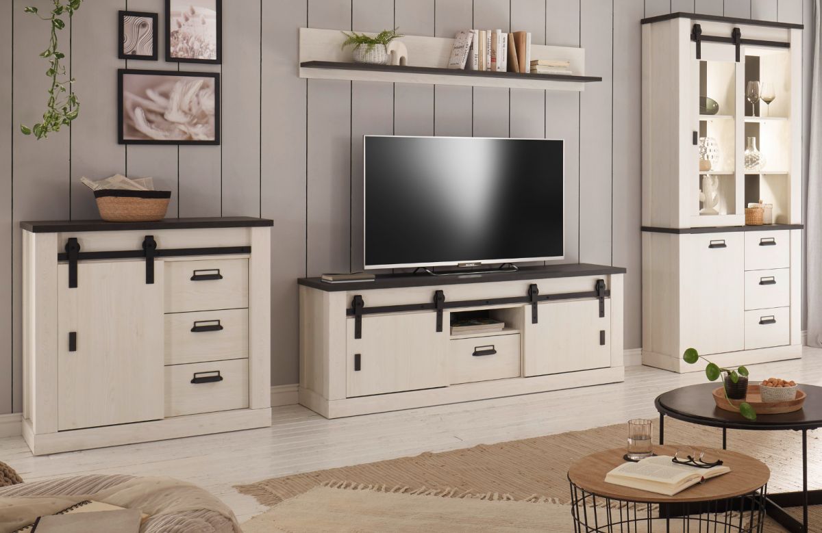 Wohnwand Stove in weiß Pinie und anthrazit Landhaus 388 x 201 cm