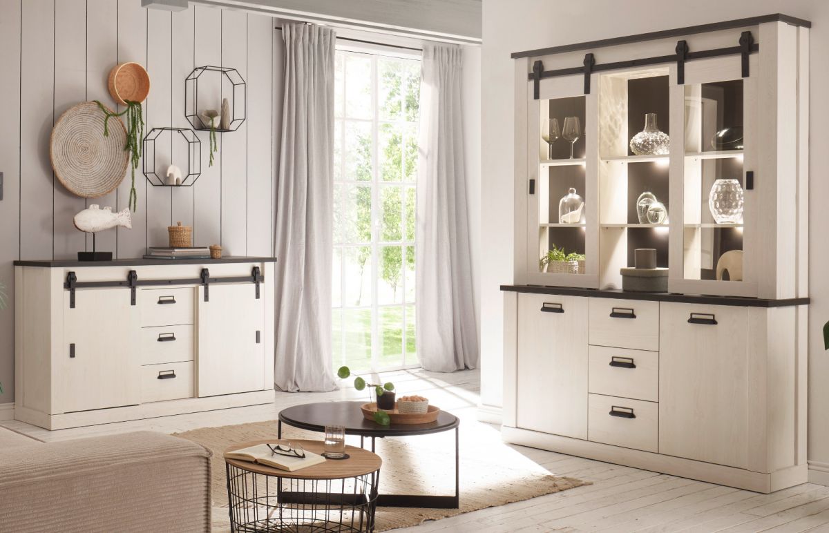 Wohnzimmer Esszimmer Set Stove in weiß Pinie und anthrazit Landhaus