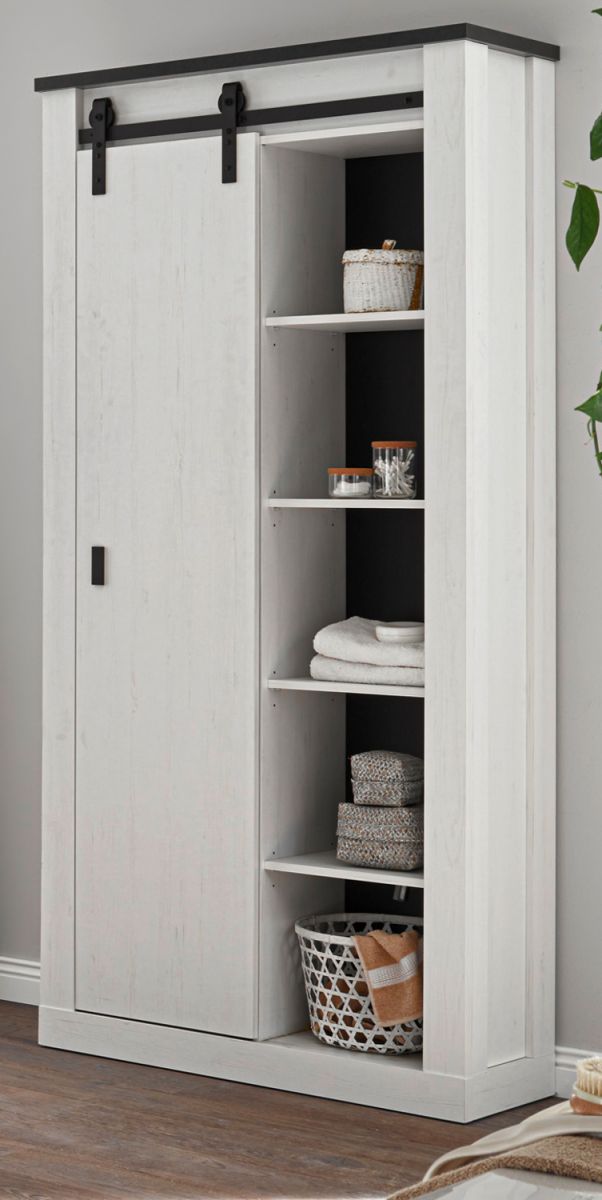 Badezimmer Hochschrank Stove in weiß Pinie und anthrazit Landhaus 93 x 201 cm