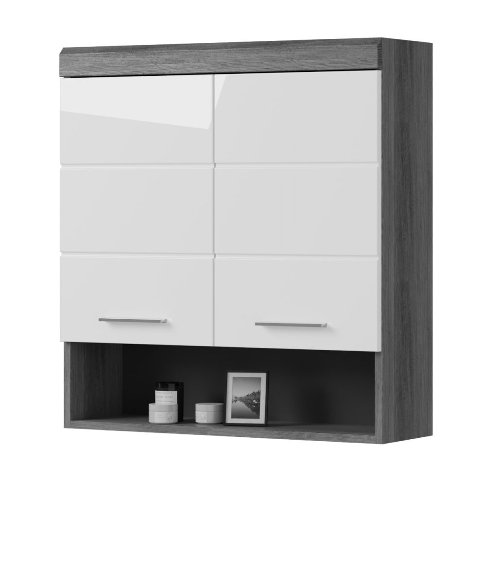 Badezimmer Hängeschrank Shawn in weiß Hochglanz und Rauchsilber grau 74 x 79 cm