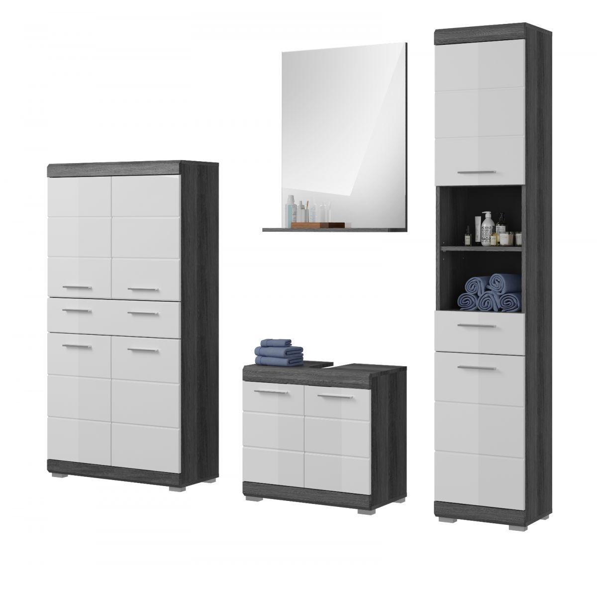Badmöbel Set Shawn in weiß Hochglanz und grau 4-teilig 186 cm