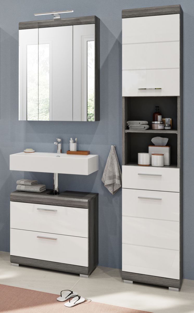 Badmöbel Set Shawn in weiß Hochglanz und grau 3-teilig 112 cm