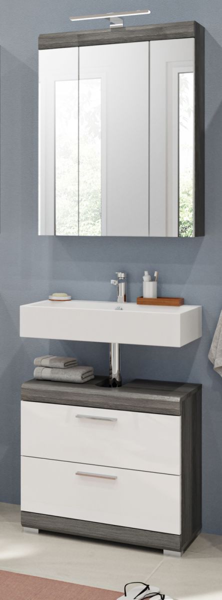 Badmöbel Set Shawn in weiß Hochglanz und grau 2-teilig 60 cm