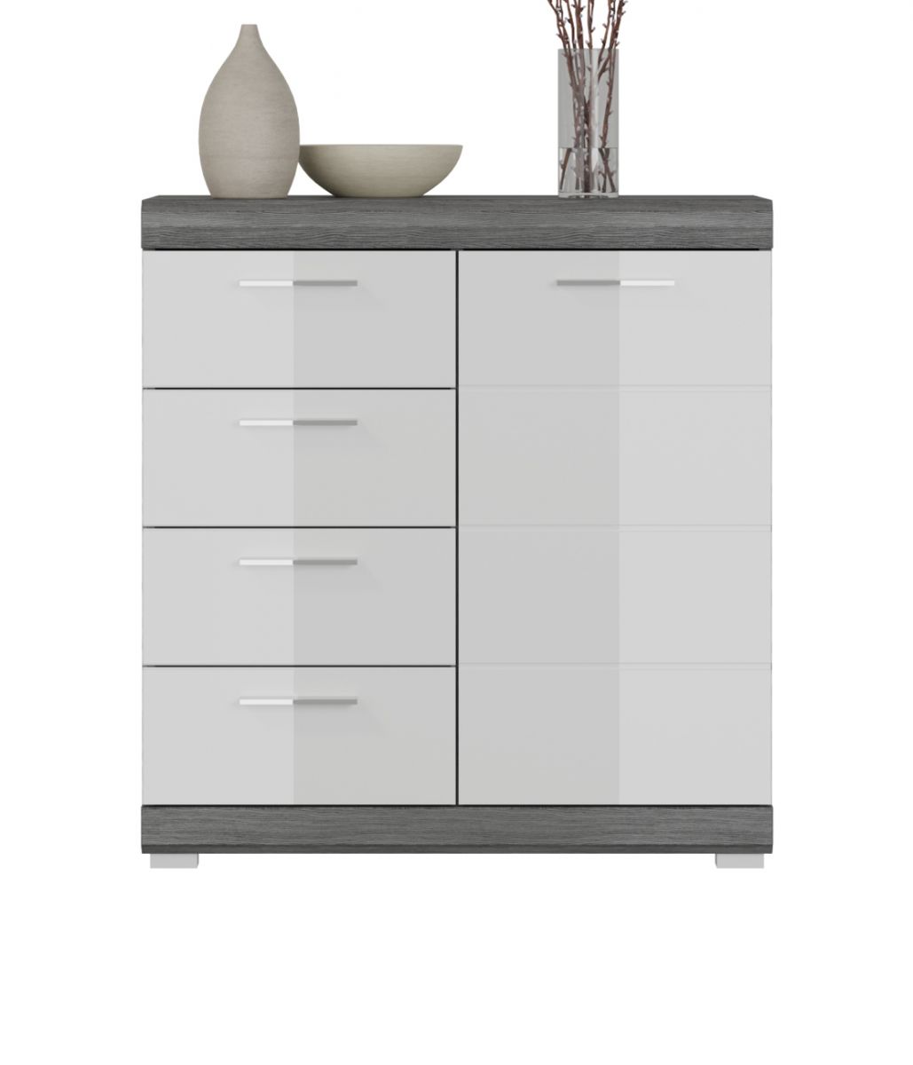 Kommode Shawn in weiß Hochglanz und Rauchsilber grau 80 cm
