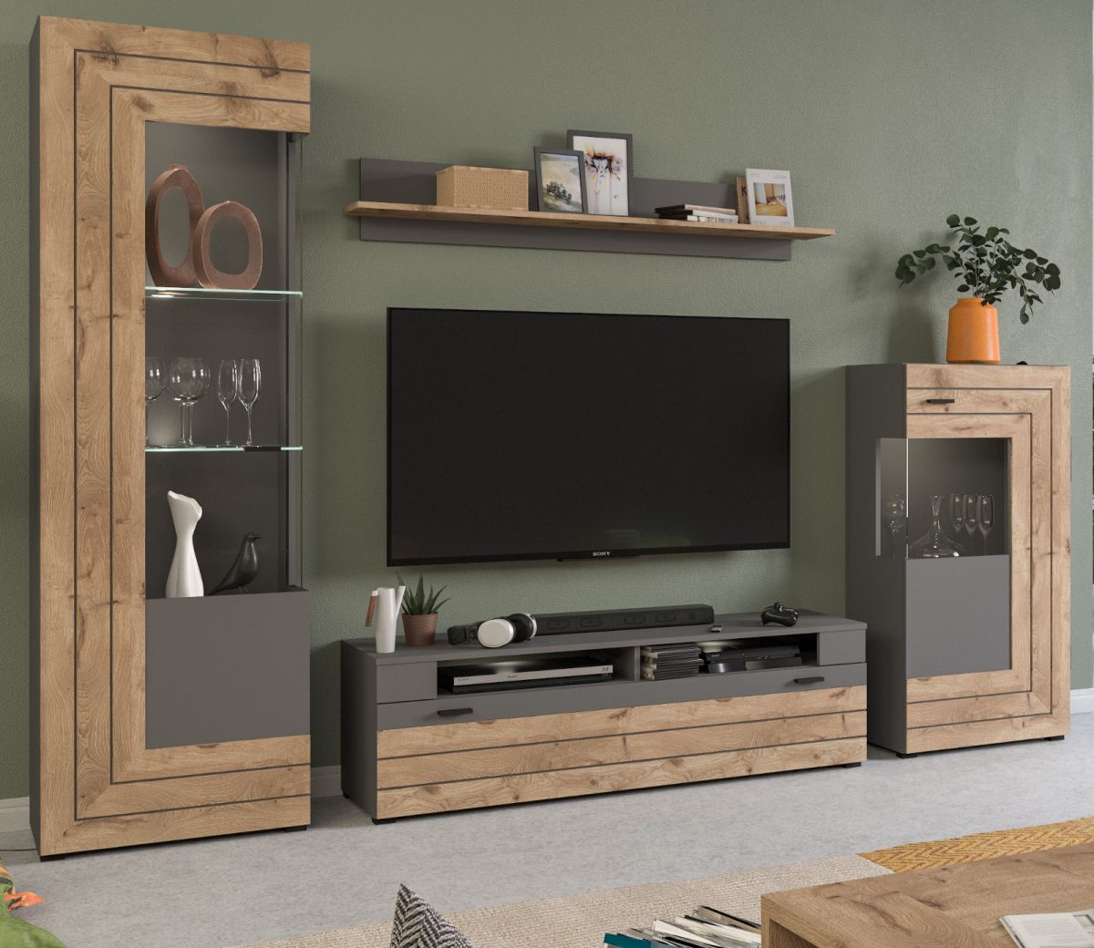Wohnwand Freno in Eiche und grau matt 290 x 194 cm