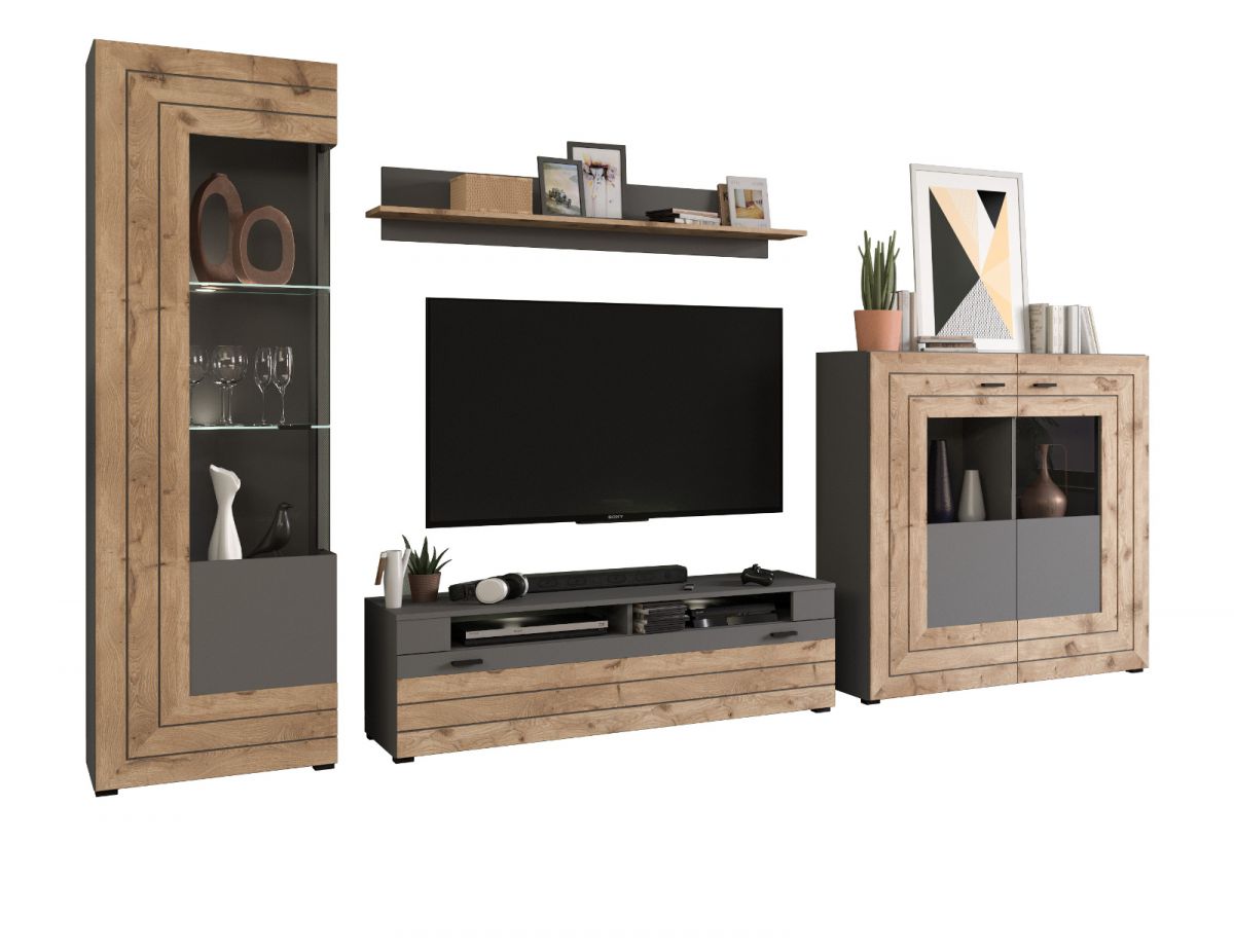 Wohnwand Freno in Eiche und grau matt 350 x 194 cm