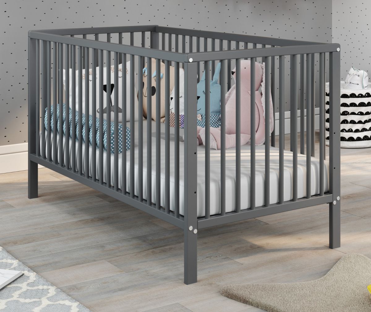 Babybett Universal Massivholz grau Lack 70 x 140 cm Gitterbett mit Schlupfsprossen und Lattenrost