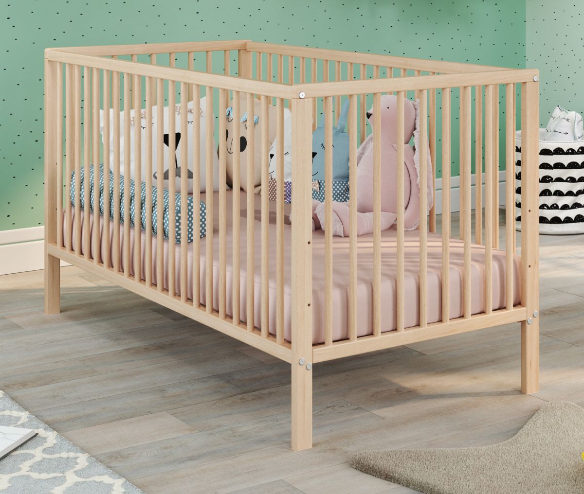 Babybett Universal Massivholz Buche Klarlack 70 x 140 cm Gitterbett mit Schlupfsprossen und Lattenrost