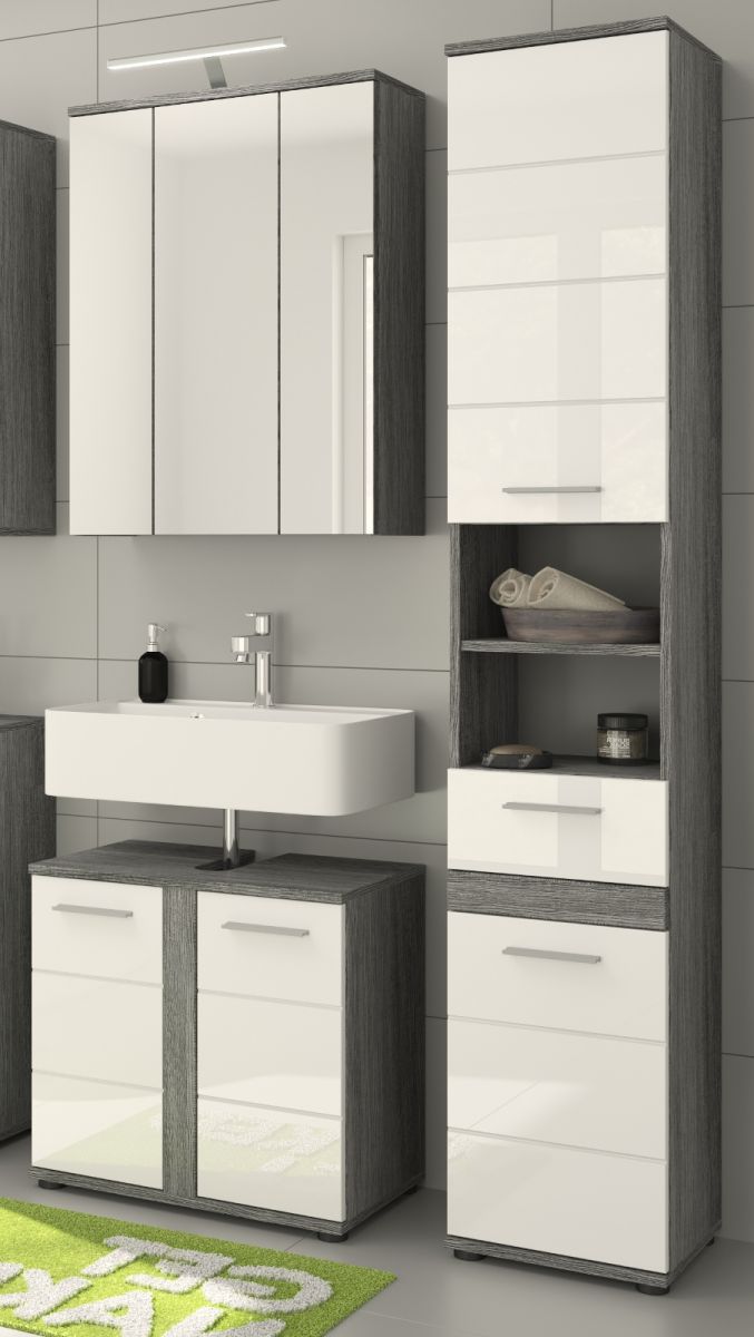 Badmöbel Set Bailey in weiß Hochglanz und grau 3-teilig 114 cm