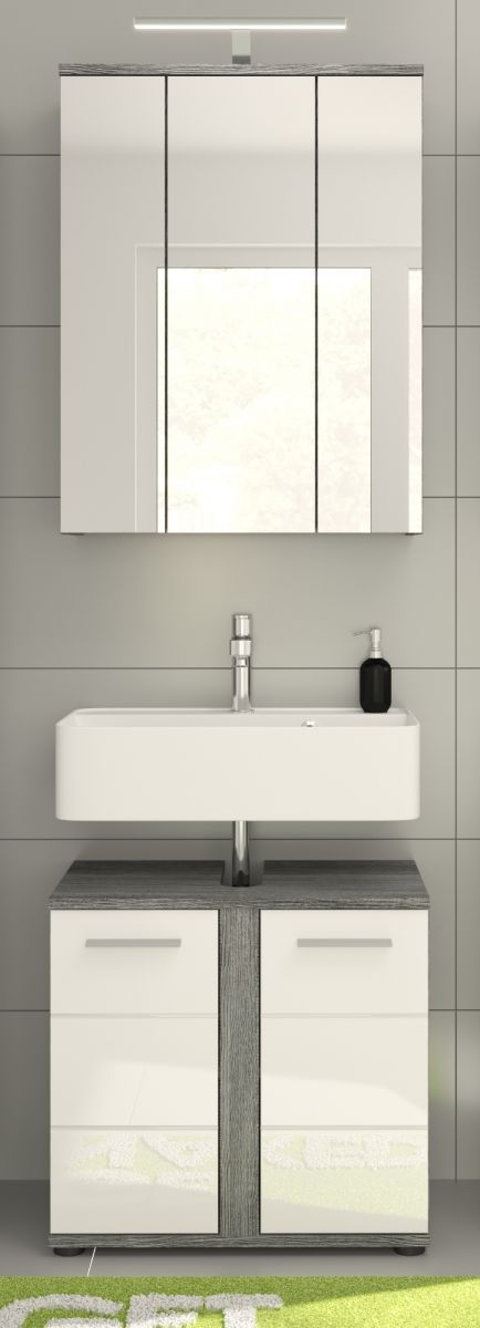 Badmöbel Set Bailey in weiß Hochglanz und grau 2-teilig 60 cm
