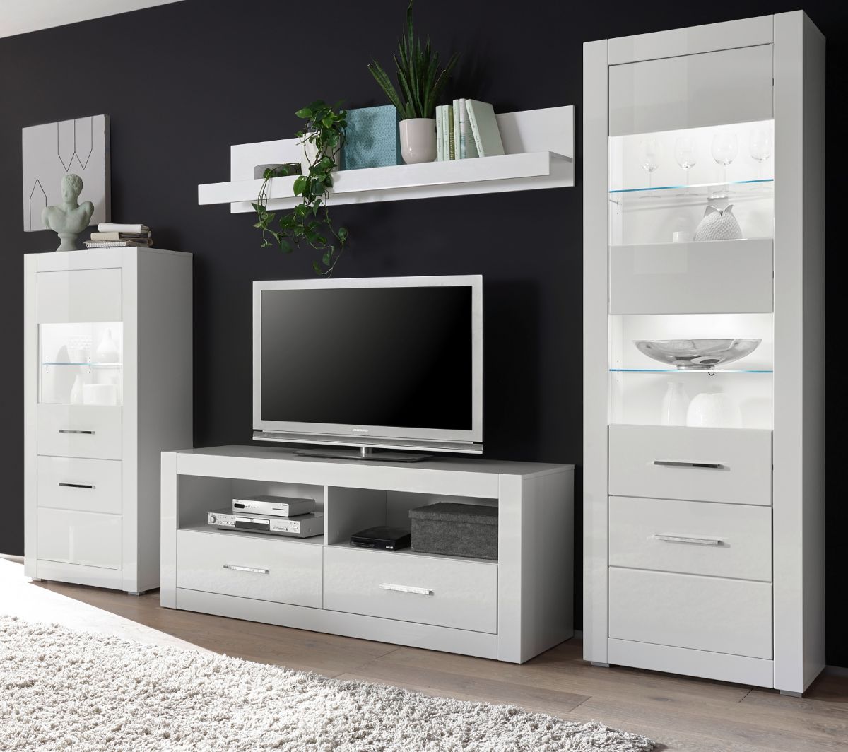 Wohnwand Carrara in Hochglanz weiß 300 x 198 cm