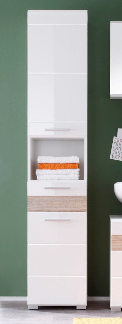 Badezimmer Hochschrank Badmöbel Mezzo weiß Hochglanz mit Eiche Sonoma hell