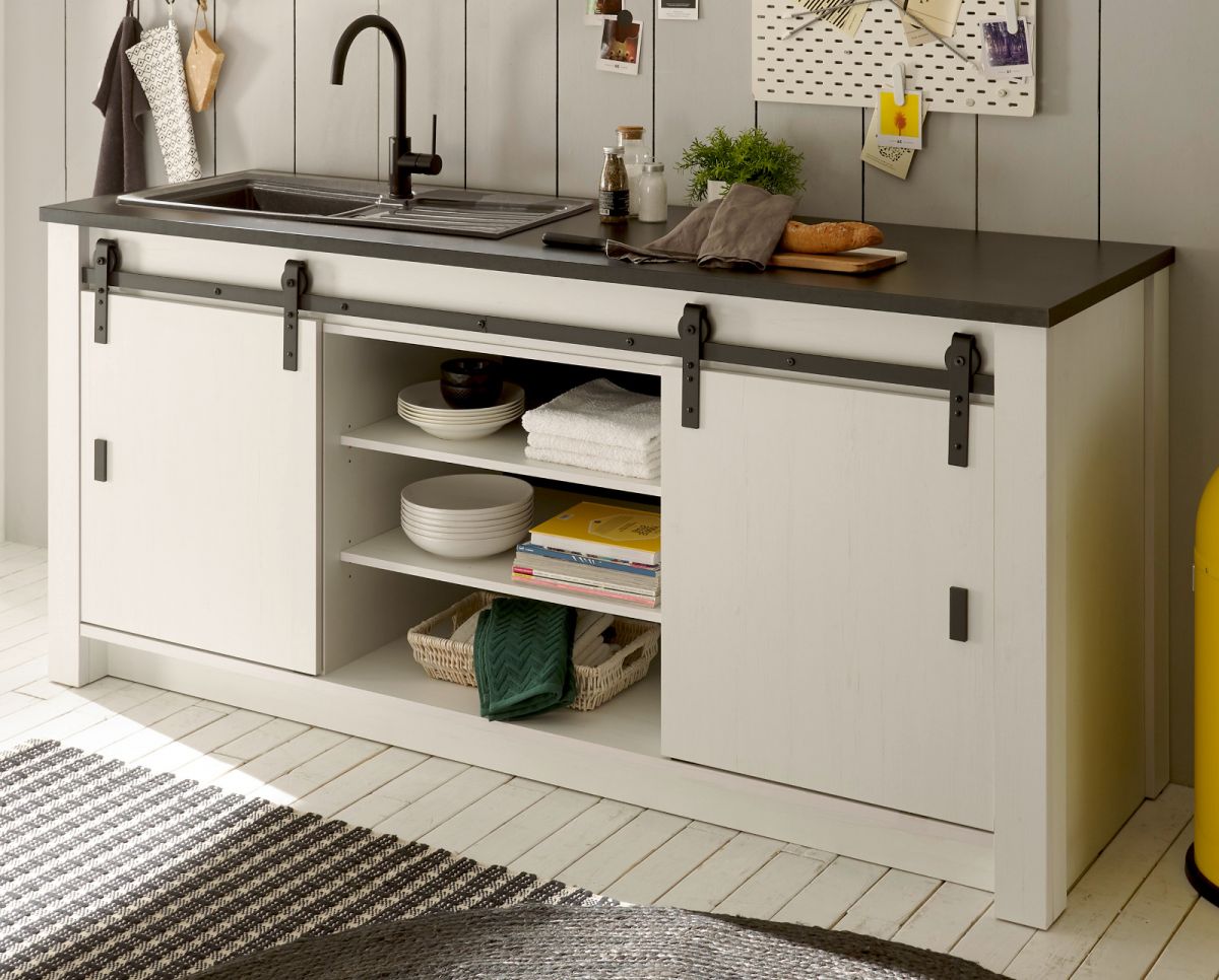 Küchenschrank 'Stove' in weiß Pinie und anthrazit Landhaus Küche Unterschrank für Spüle oder Kochfeld 200 x 93 cm