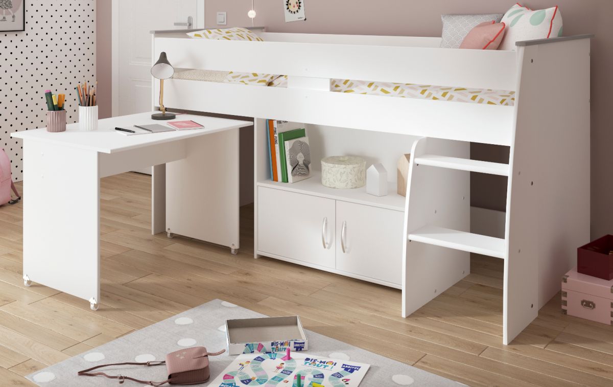 Parisot Hochbett Reverse in weiß mit Schreibtisch
