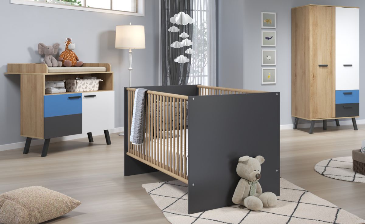 Babyzimmer 'Mats Color' in Bianco Buche mit blau oder rosa komplett Set 3-teilig mit Wickelkommode, Kleiderschrank und Babybett