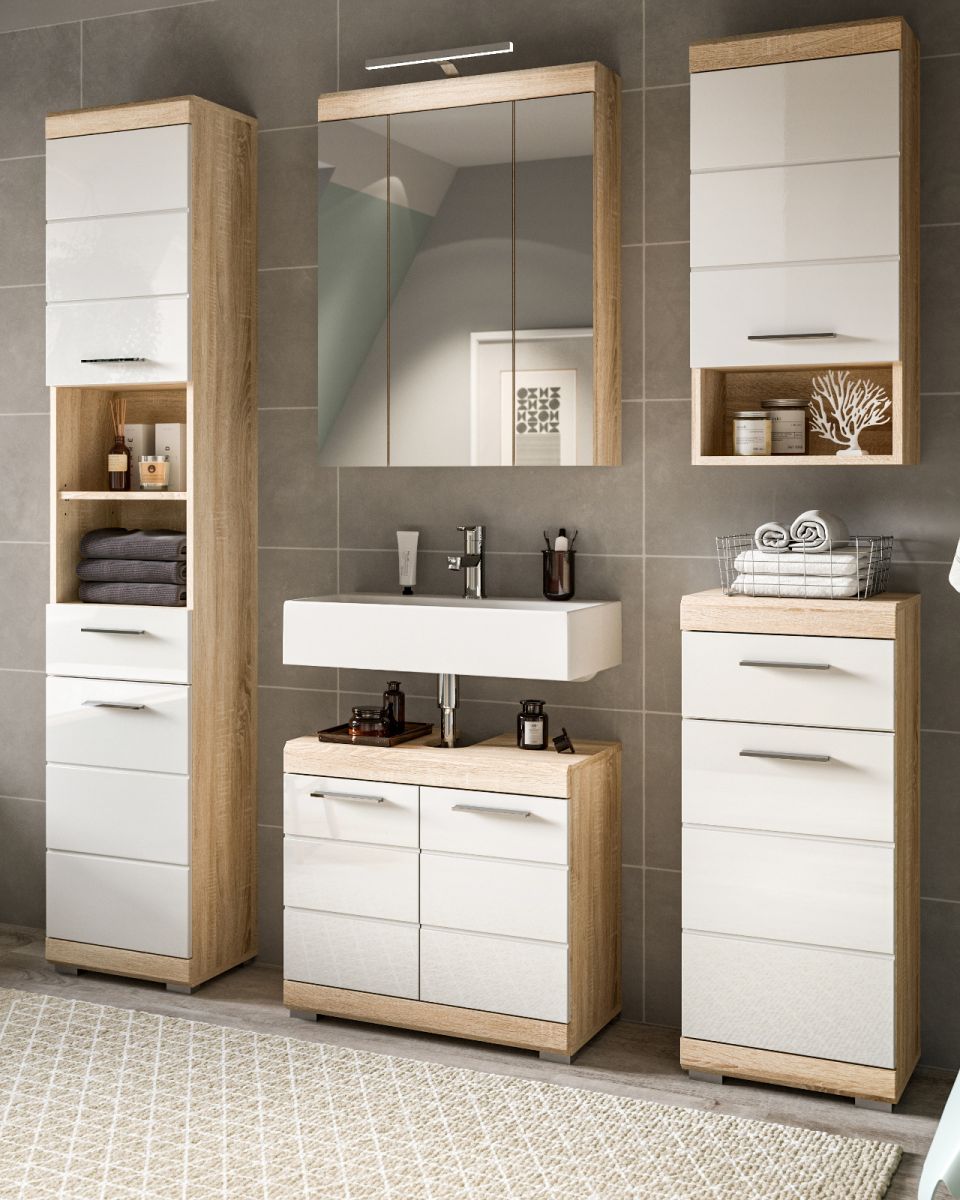 Badmöbel Set Mambo in weiß Hochglanz und Eiche 5-teilig 164 cm