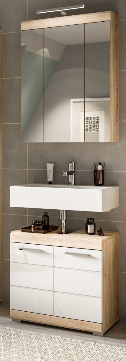 Badmöbel Set Mambo in weiß Hochglanz und Eiche 2-teilig 60 cm