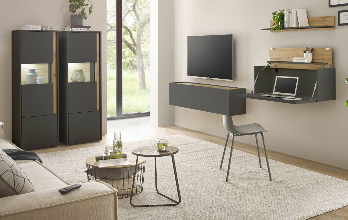 Wohnwand mit Sekretär Center in grau matt und Eiche Wotan 410 cm