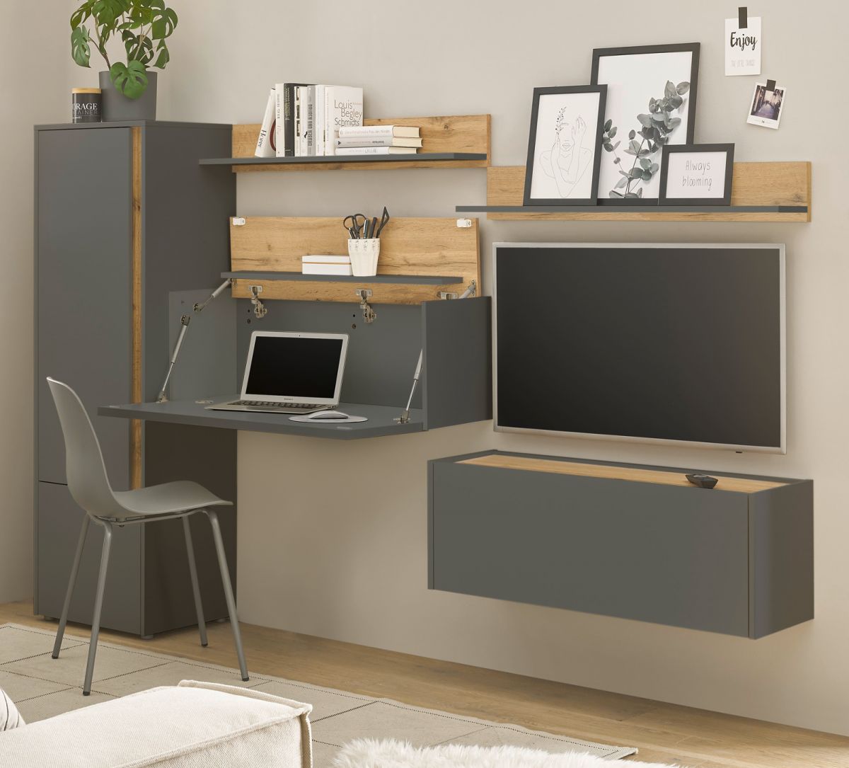 Wohnwand mit Sekretär Center in grau matt und Eiche Wotan 250 cm