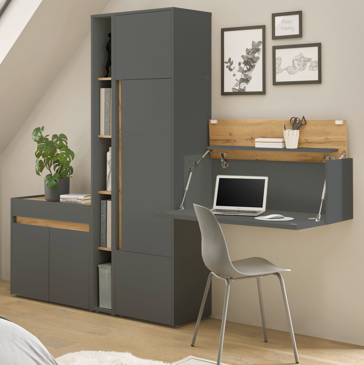 Büromöbel Set Center in grau matt und Eiche Wotan 250 cm