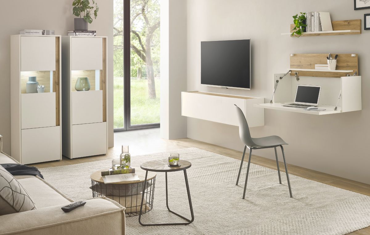 Wohnwand mit Sekretär Center in weiß und Eiche Wotan 410 cm