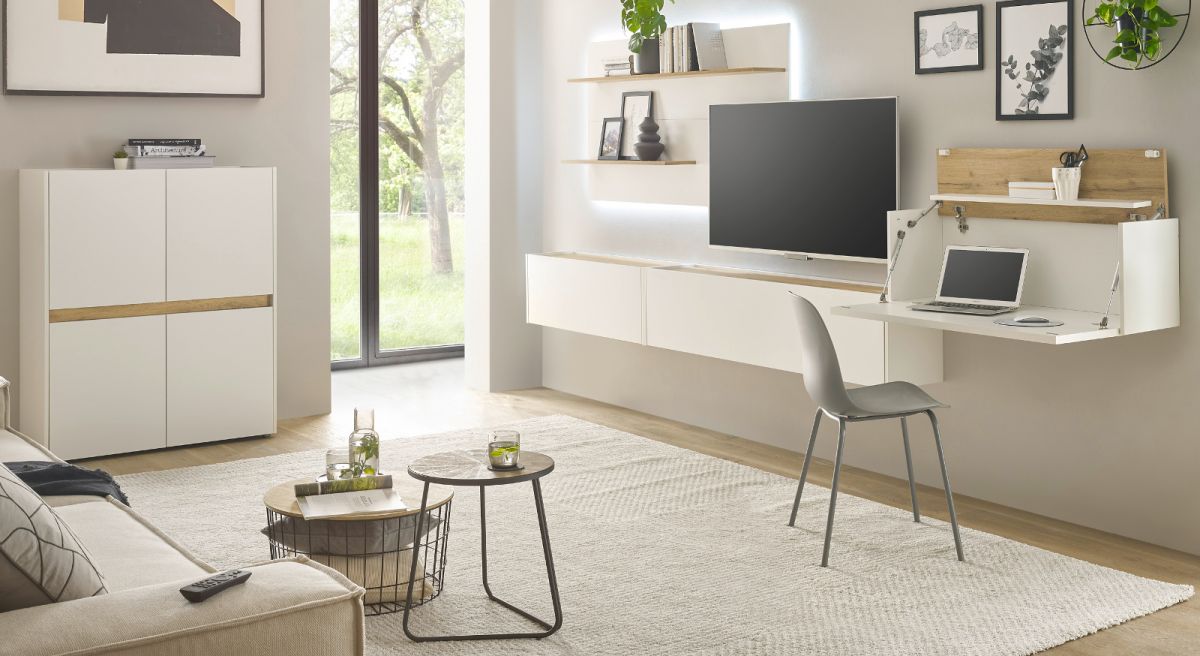 Wohnwand mit Sekretär Center in weiß und Eiche Wotan 470 cm