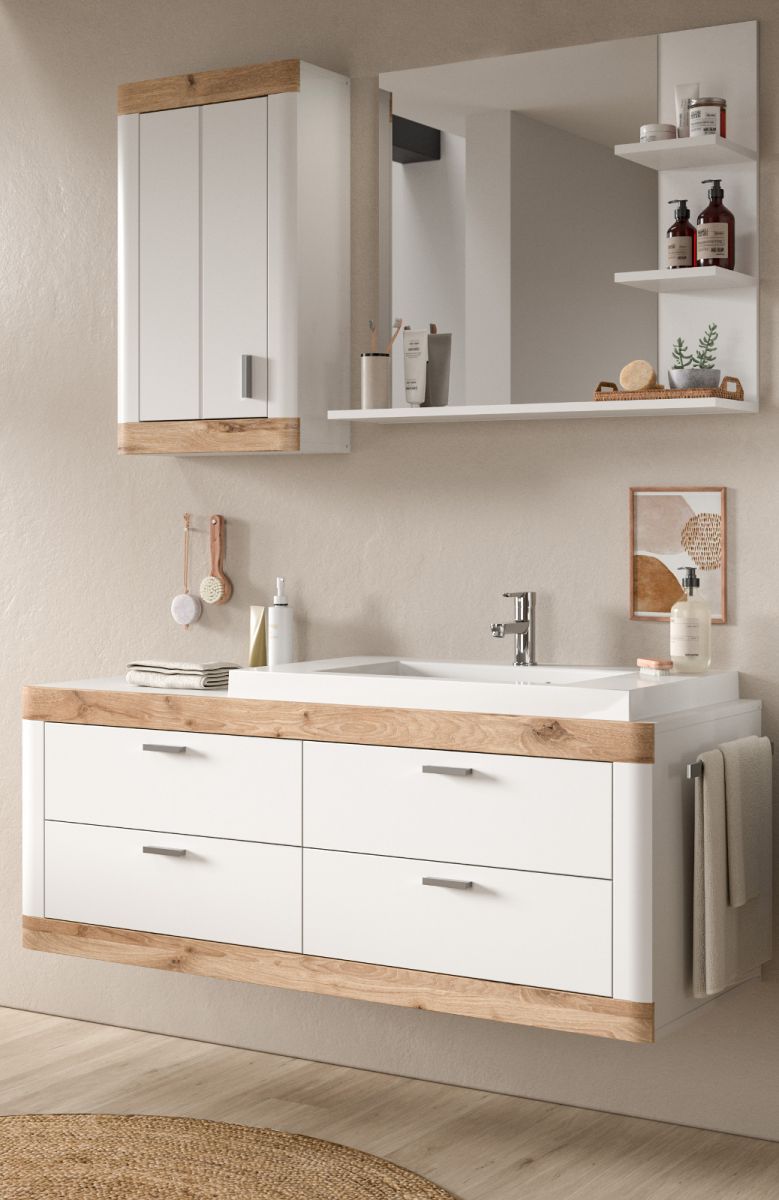 Badmöbel Set mit Waschbecken Sopela in weiß und Eiche 133 cm
