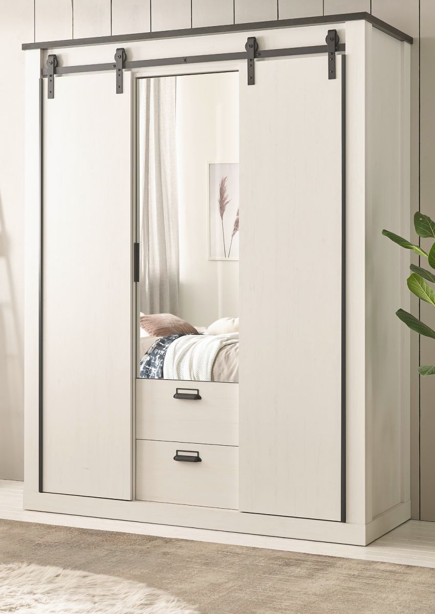 Kleiderschrank Stove in weiß Pinie und anthrazit Landhaus 163 x 209 cm