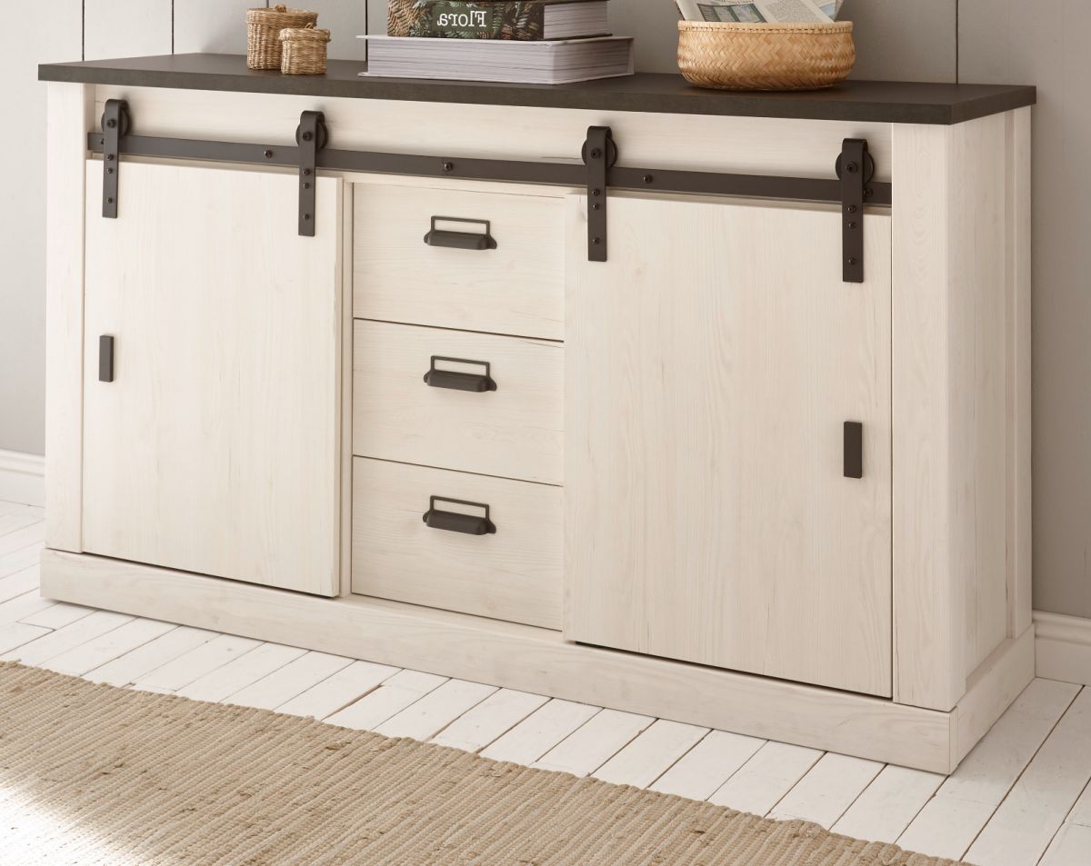 Sideboard Stove in weiß Pinie und anthrazit Landhaus 162 x 91 cm