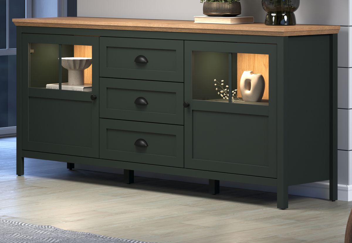 Sideboard Stanton in grün und Eiche Landhaus inklusive LED 185 cm