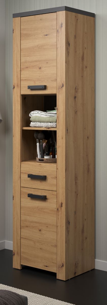 Badezimmer Hochschrank Follow in Eiche Artisan und grau 53 x 196 cm