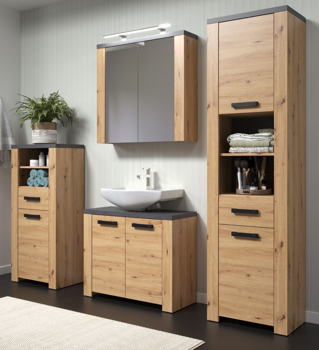 Badmöbel Set Follow in Eiche Artisan und grau 4-tlg. 215 cm