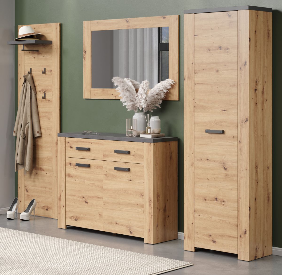 Garderobe Set Follow in Eiche Artisan und grau 270 cm