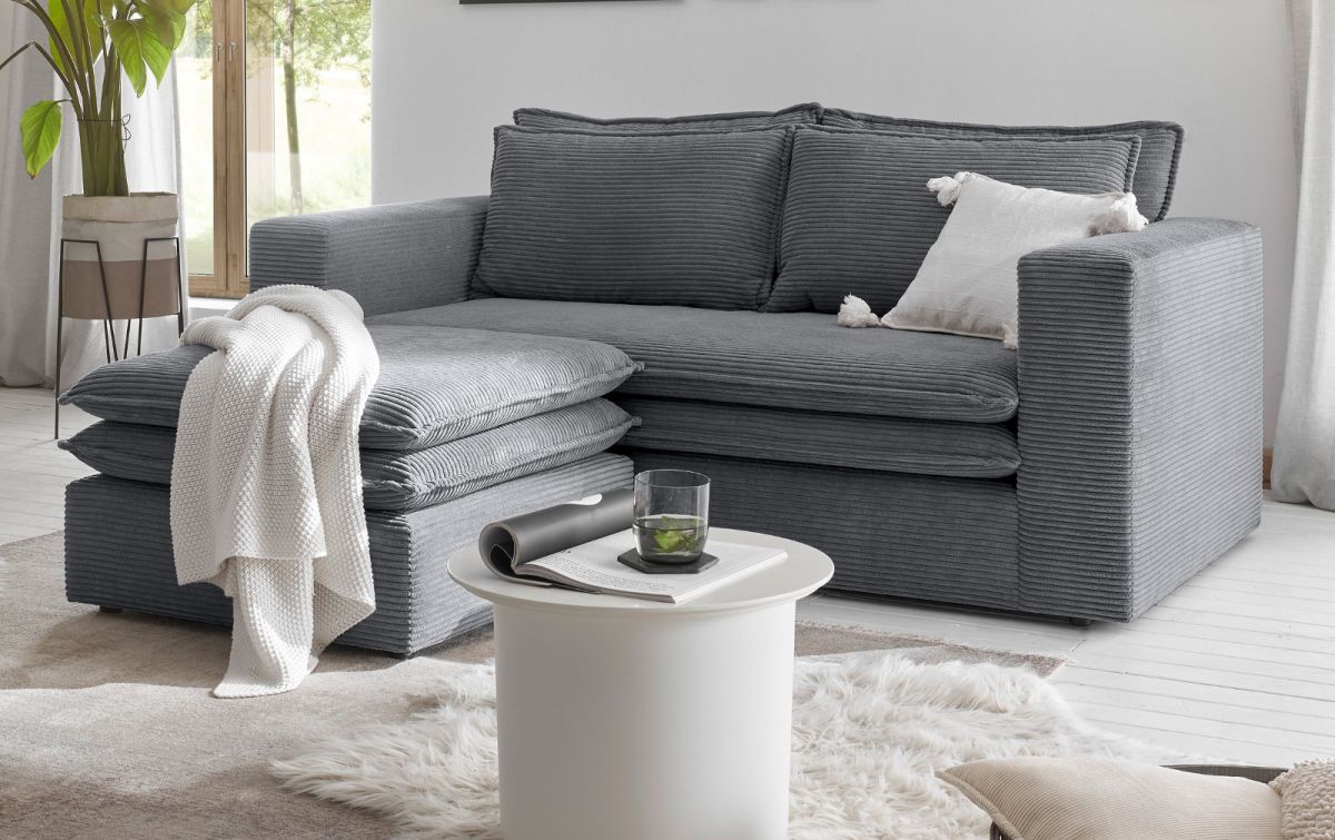 Sofa 2-Sitzer Pesaro in grau Cord Set inkl. Hocker