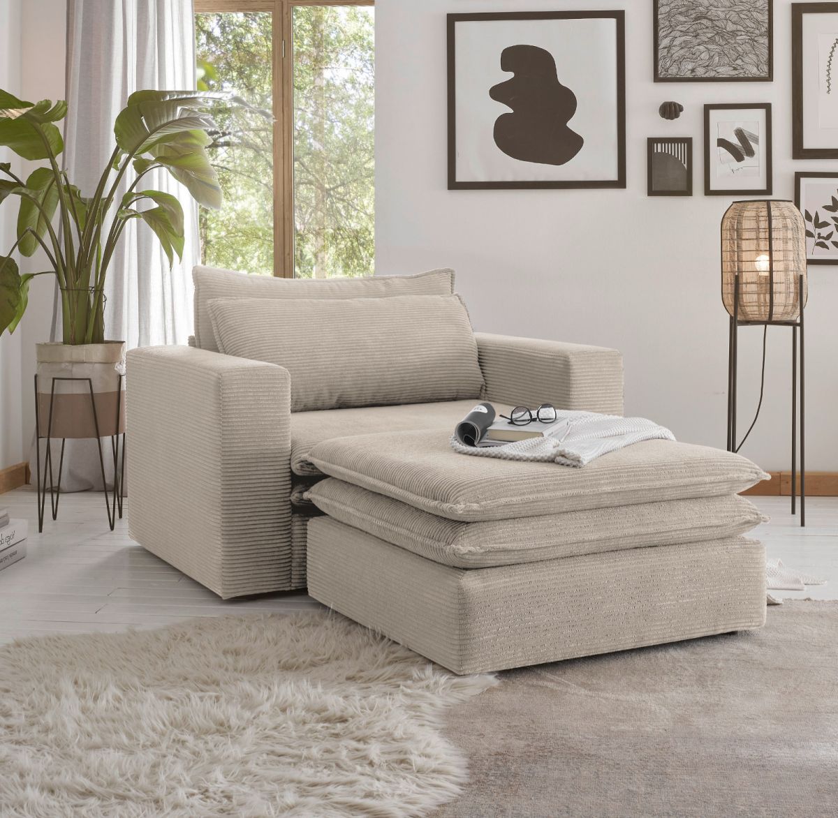 Loveseat Pesaro in beige Cord Set inkl. Hocker